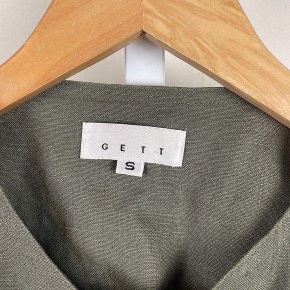 GETT Jacket Shirt Top 100% Linen Minimalist Lagenlook Olive Green Womens Small - Picture 6 of 7
